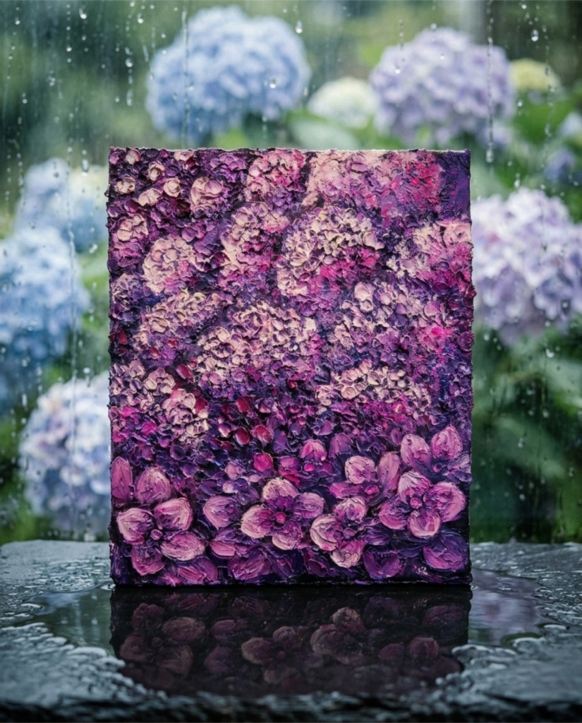 紫陽花 ハンドメイド絵画【永遠に咲く雨の宝石】油絵 原画 初夏 インテリア 壁掛け 花 アジサイ