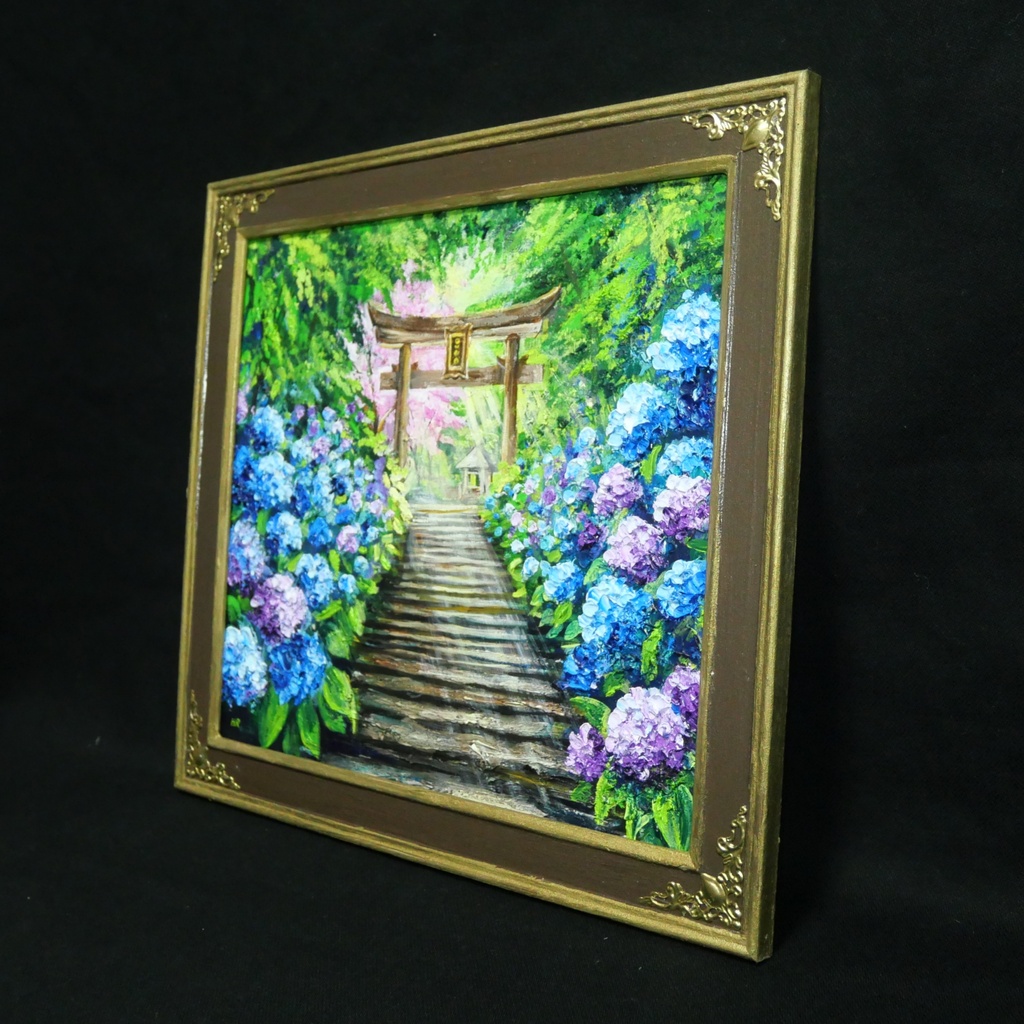 【神々が隠した青の小径】油絵 原画*あじさい咲く神社の一筋の光/初夏のインテリア・壁掛けアート