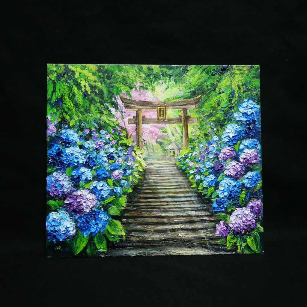 【神々が隠した青の小径】油絵 原画*あじさい咲く神社の一筋の光/初夏のインテリア・壁掛けアート