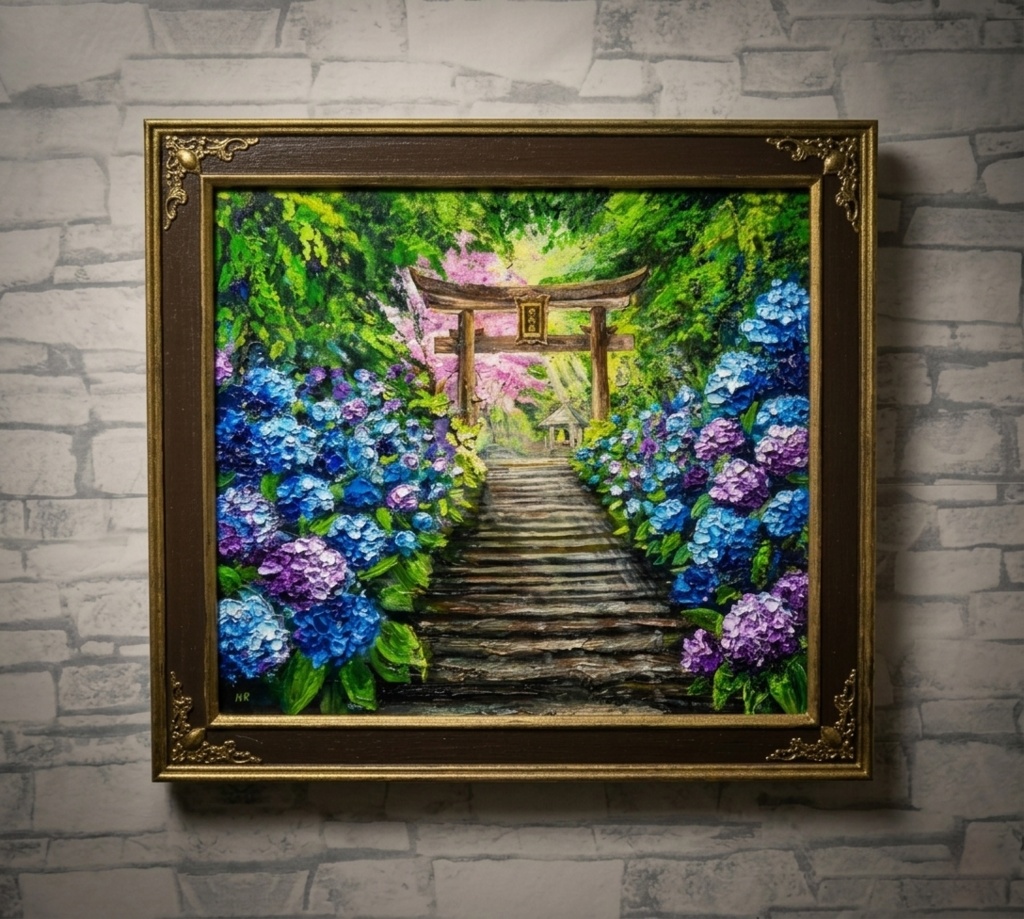 【神々が隠した青の小径】油絵 原画*あじさい咲く神社の一筋の光/初夏のインテリア・壁掛けアート