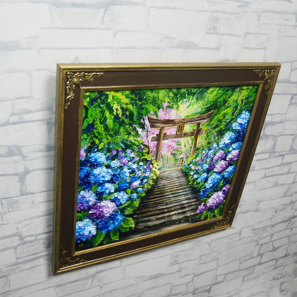 【神々が隠した青の小径】油絵 原画*あじさい咲く神社の一筋の光/初夏のインテリア・壁掛けアート