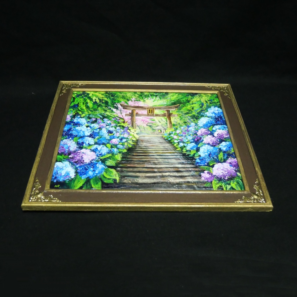 【神々が隠した青の小径】油絵 原画*あじさい咲く神社の一筋の光/初夏のインテリア・壁掛けアート