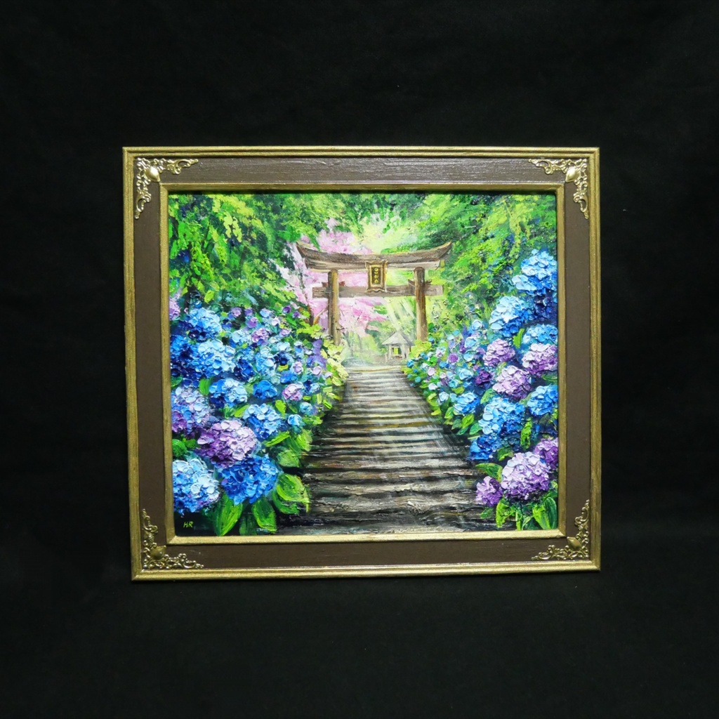 【神々が隠した青の小径】油絵 原画*あじさい咲く神社の一筋の光/初夏のインテリア・壁掛けアート