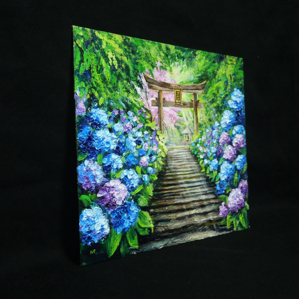 【神々が隠した青の小径】油絵 原画*あじさい咲く神社の一筋の光/初夏のインテリア・壁掛けアート