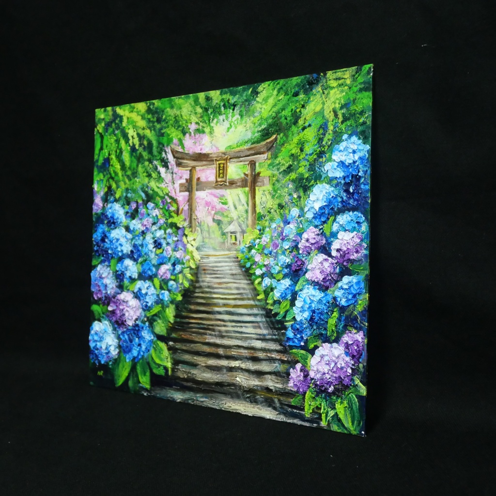 【神々が隠した青の小径】油絵 原画*あじさい咲く神社の一筋の光/初夏のインテリア・壁掛けアート