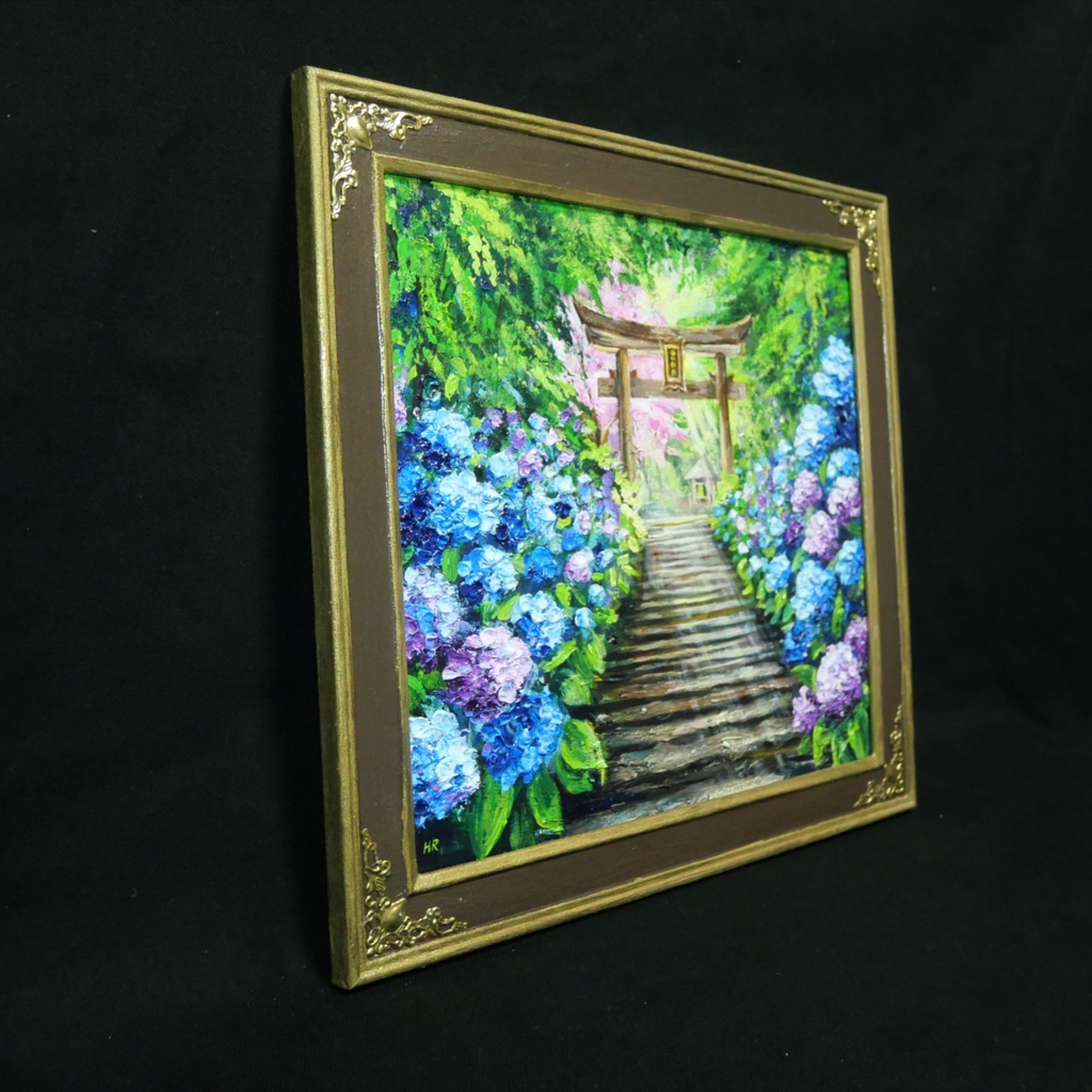【神々が隠した青の小径】油絵 原画*あじさい咲く神社の一筋の光/初夏のインテリア・壁掛けアート