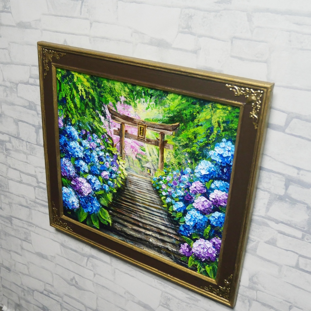 【神々が隠した青の小径】油絵 原画*あじさい咲く神社の一筋の光/初夏のインテリア・壁掛けアート