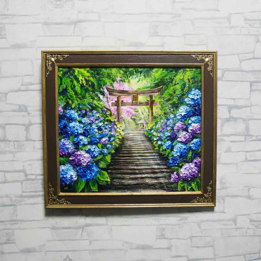 【神々が隠した青の小径】油絵 原画*あじさい咲く神社の一筋の光/初夏のインテリア・壁掛けアート