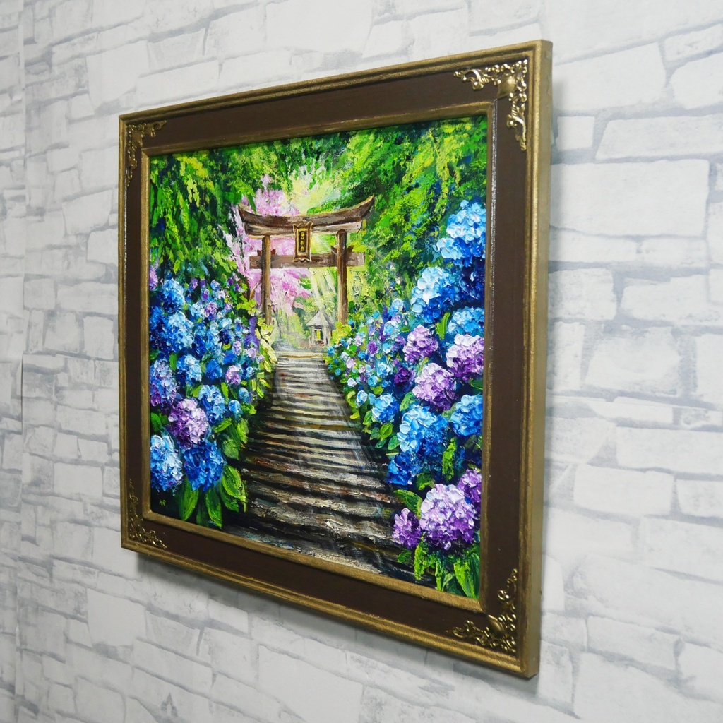 【神々が隠した青の小径】油絵 原画*あじさい咲く神社の一筋の光/初夏のインテリア・壁掛けアート