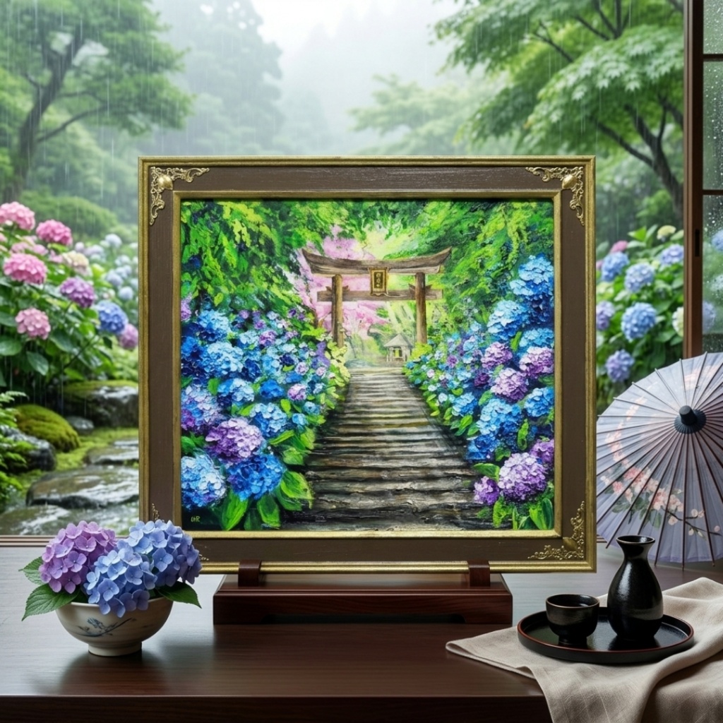 【神々が隠した青の小径】油絵 原画*あじさい咲く神社の一筋の光/初夏のインテリア・壁掛けアート