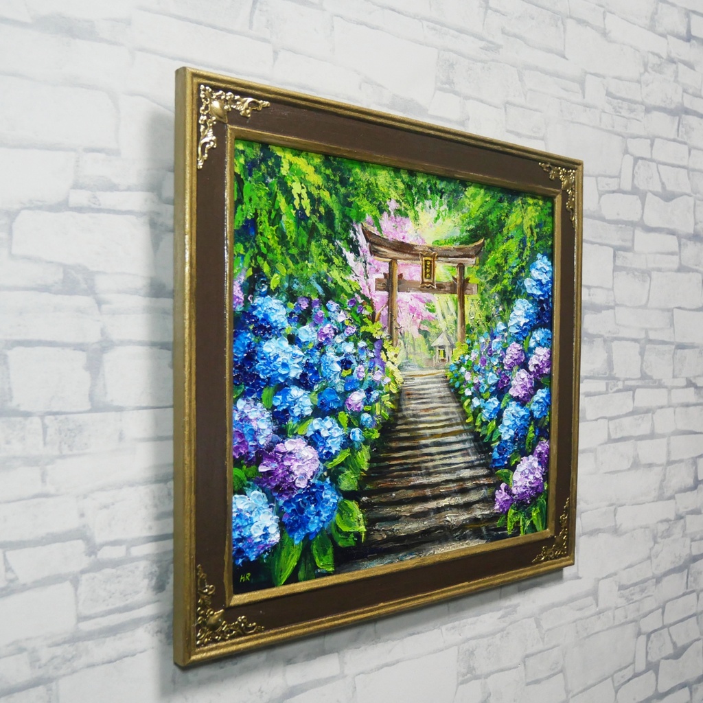 【神々が隠した青の小径】油絵 原画*あじさい咲く神社の一筋の光/初夏のインテリア・壁掛けアート