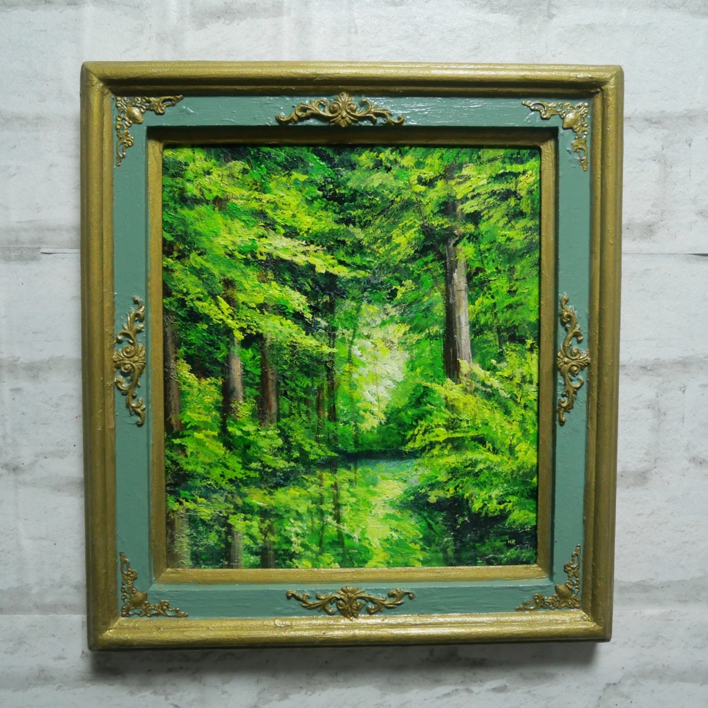 油絵【光織りなす翡翠の森】 新緑 初夏 森 風景画 絵画 額縁付き 壁掛け インテリア アート ギフト