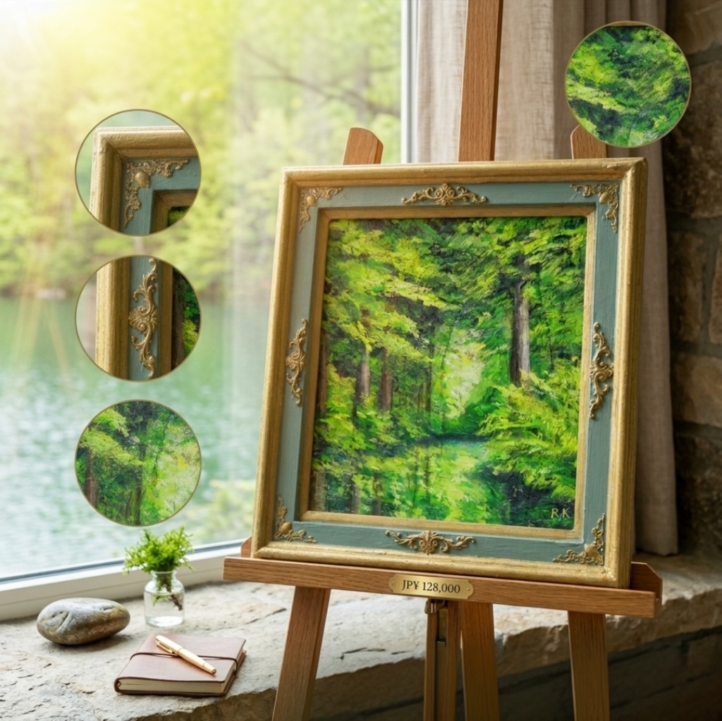 油絵【光織りなす翡翠の森】 新緑 初夏 森 風景画 絵画 額縁付き 壁掛け インテリア アート ギフト