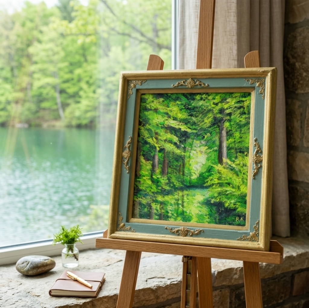 油絵【光織りなす翡翠の森】 新緑 初夏 森 風景画 絵画 額縁付き 壁掛け インテリア アート ギフト