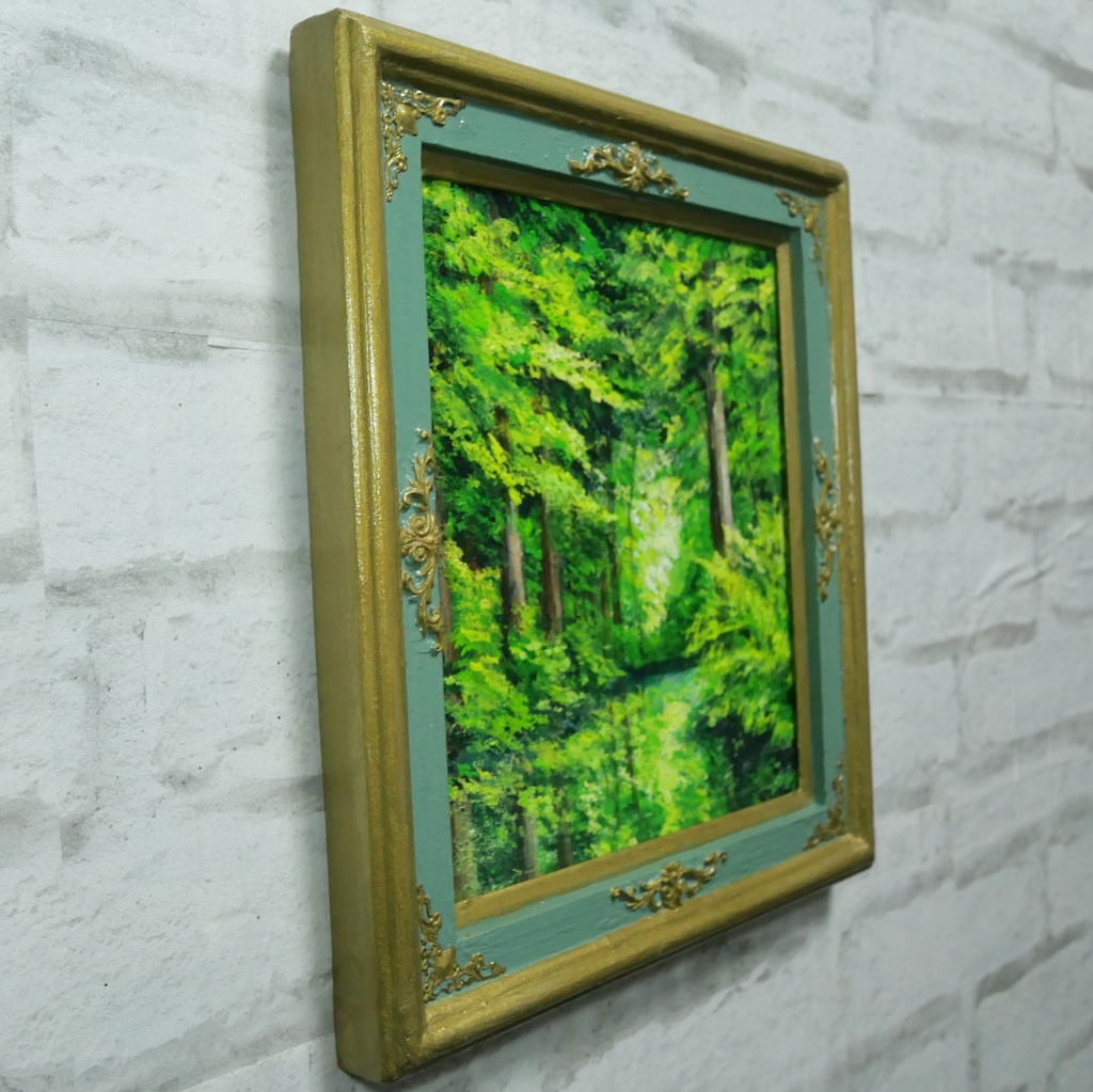 油絵【光織りなす翡翠の森】 新緑 初夏 森 風景画 絵画 額縁付き 壁掛け インテリア アート ギフト