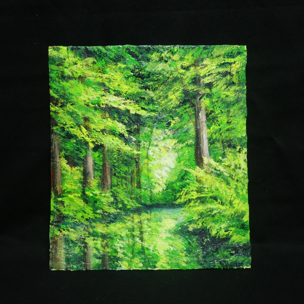 油絵【光織りなす翡翠の森】 新緑 初夏 森 風景画 絵画 額縁付き 壁掛け インテリア アート ギフト