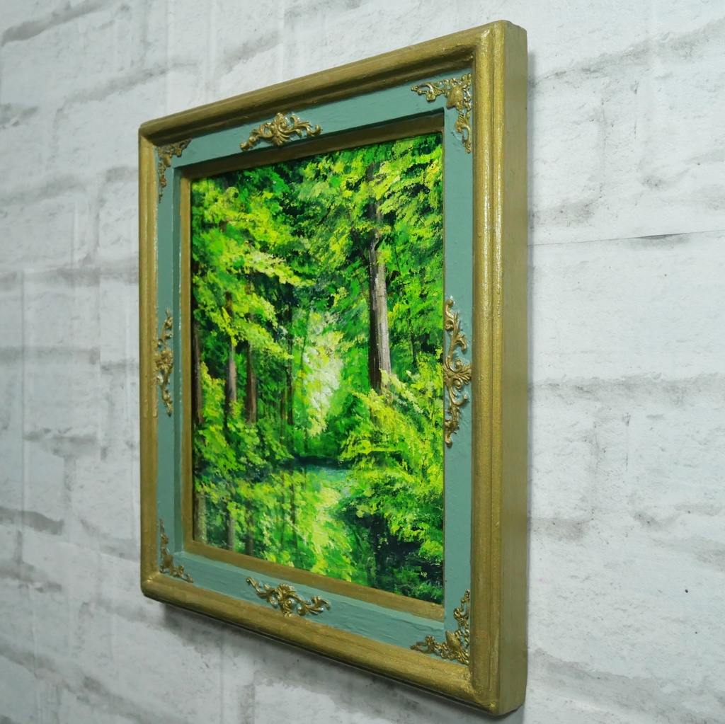 油絵【光織りなす翡翠の森】 新緑 初夏 森 風景画 絵画 額縁付き 壁掛け インテリア アート ギフト