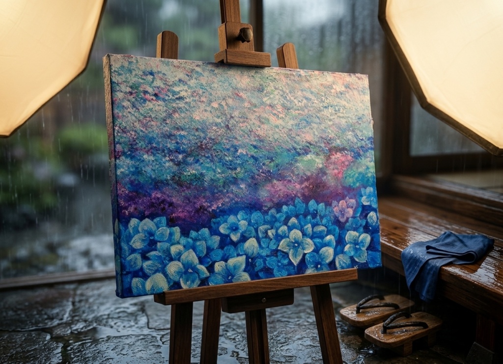 雨上がりの奇跡 〜光満ちる紫陽花畑〜 【油絵 原画 F4号】 アジサイ 紫陽花 絵画 インテリア 壁掛け 初夏 抽象画