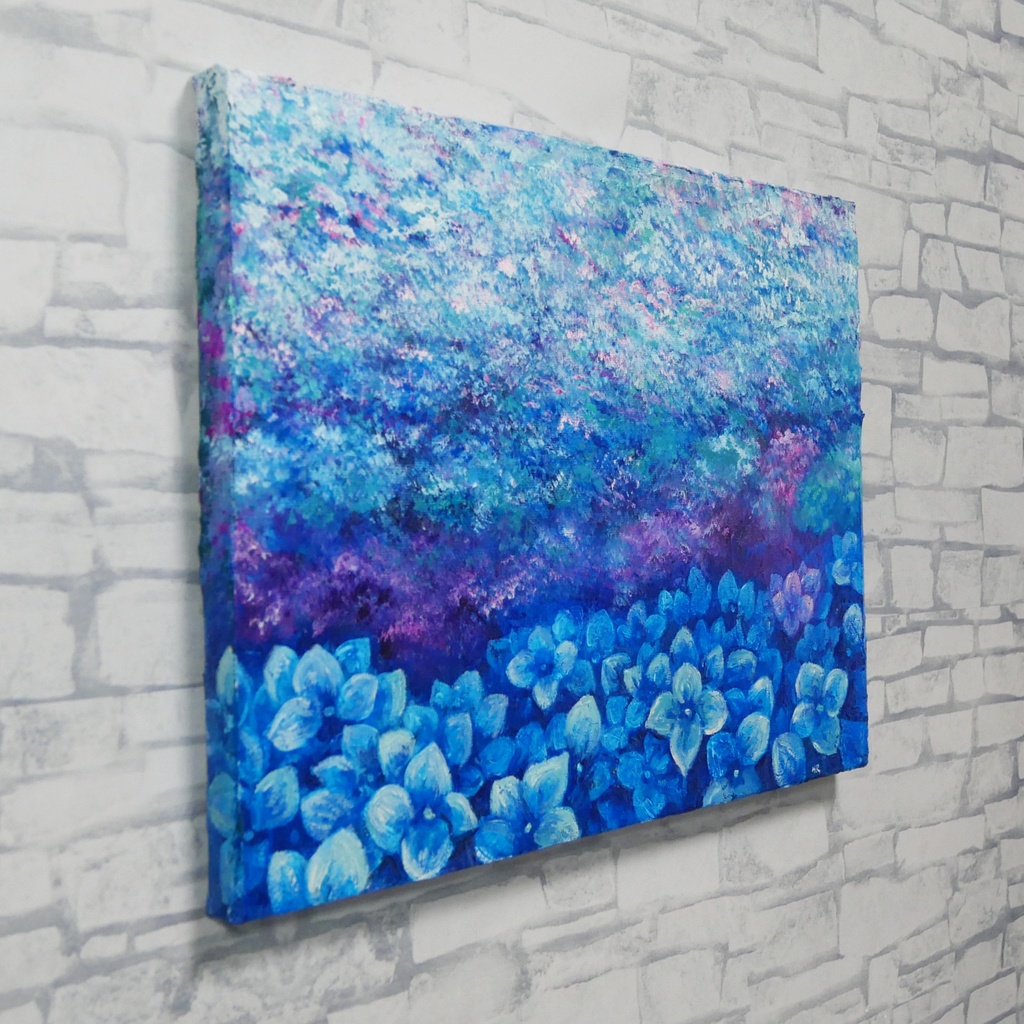 雨上がりの奇跡 〜光満ちる紫陽花畑〜 【油絵 原画 F4号】 アジサイ 紫陽花 絵画 インテリア 壁掛け 初夏 抽象画