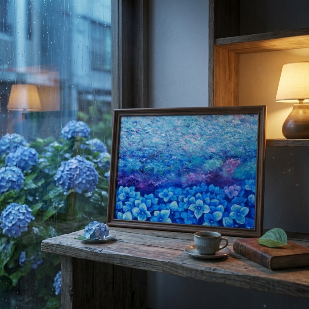 雨上がりの奇跡 〜光満ちる紫陽花畑〜 【油絵 原画 F4号】 アジサイ 紫陽花 絵画 インテリア 壁掛け 初夏 抽象画