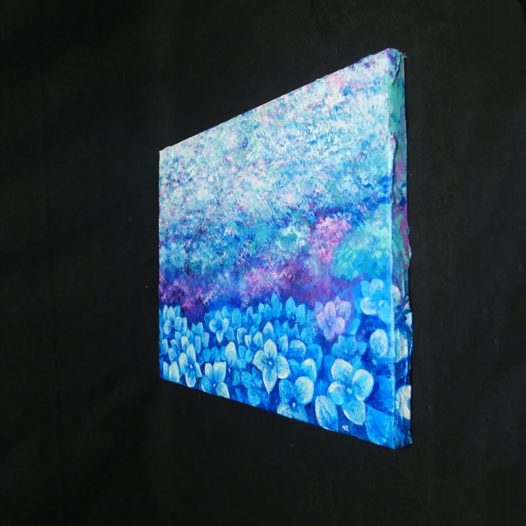 雨上がりの奇跡 〜光満ちる紫陽花畑〜 【油絵 原画 F4号】 アジサイ 紫陽花 絵画 インテリア 壁掛け 初夏 抽象画