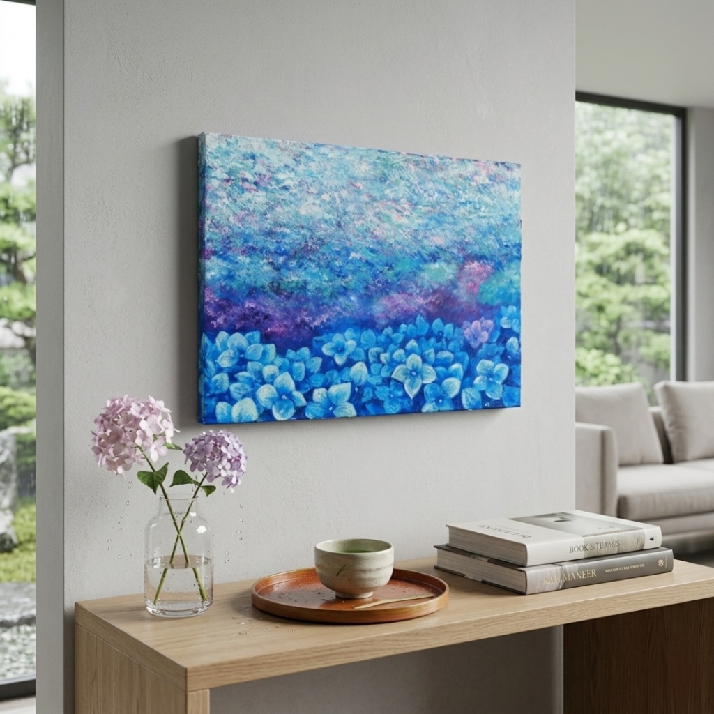 雨上がりの奇跡 〜光満ちる紫陽花畑〜 【油絵 原画 F4号】 アジサイ 紫陽花 絵画 インテリア 壁掛け 初夏 抽象画