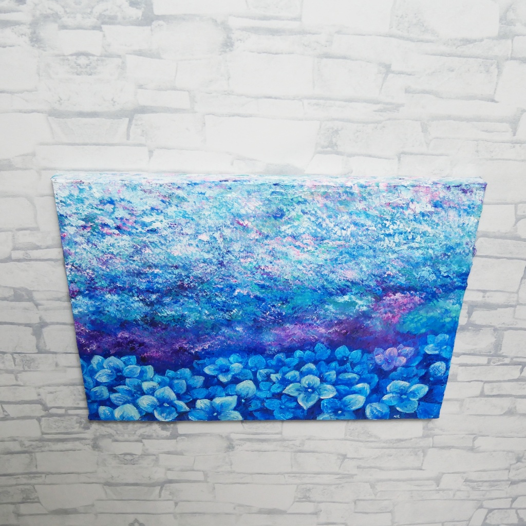 雨上がりの奇跡 〜光満ちる紫陽花畑〜 【油絵 原画 F4号】 アジサイ 紫陽花 絵画 インテリア 壁掛け 初夏 抽象画