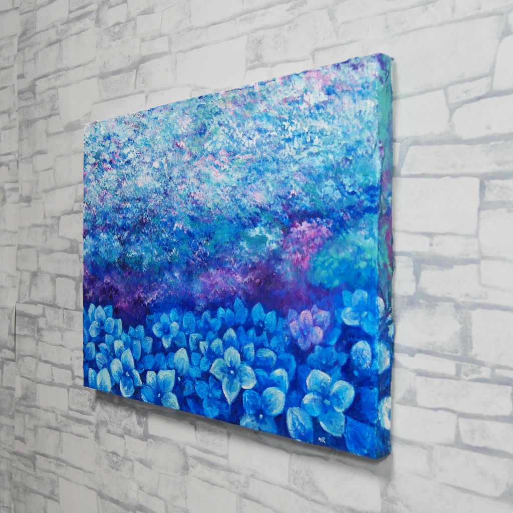 雨上がりの奇跡 〜光満ちる紫陽花畑〜 【油絵 原画 F4号】 アジサイ 紫陽花 絵画 インテリア 壁掛け 初夏 抽象画