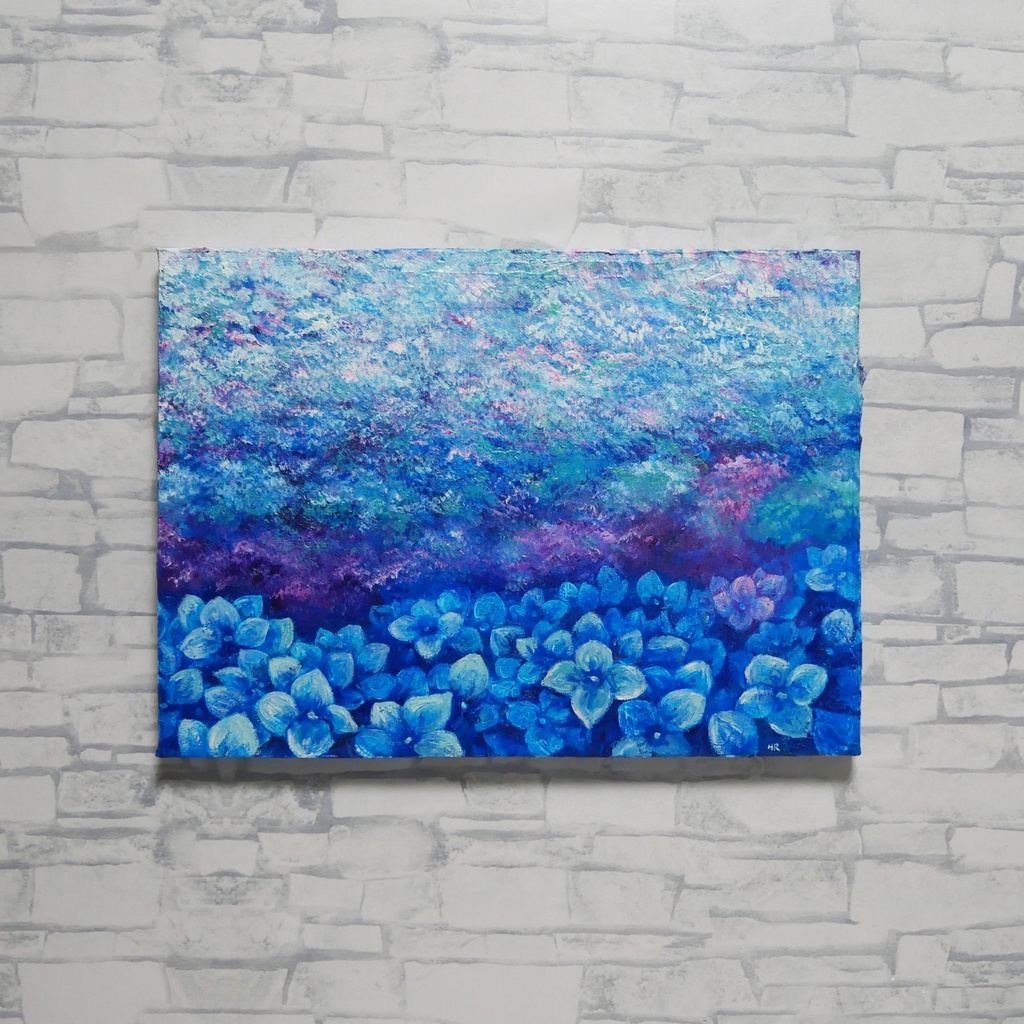 雨上がりの奇跡 〜光満ちる紫陽花畑〜 【油絵 原画 F4号】 アジサイ 紫陽花 絵画 インテリア 壁掛け 初夏 抽象画
