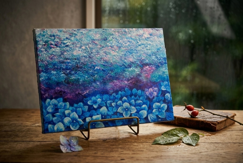 雨上がりの奇跡 〜光満ちる紫陽花畑〜 【油絵 原画 F4号】 アジサイ 紫陽花 絵画 インテリア 壁掛け 初夏 抽象画