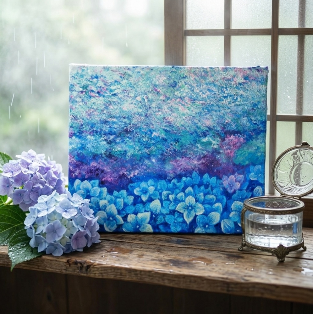 雨上がりの奇跡 〜光満ちる紫陽花畑〜 【油絵 原画 F4号】 アジサイ 紫陽花 絵画 インテリア 壁掛け 初夏 抽象画