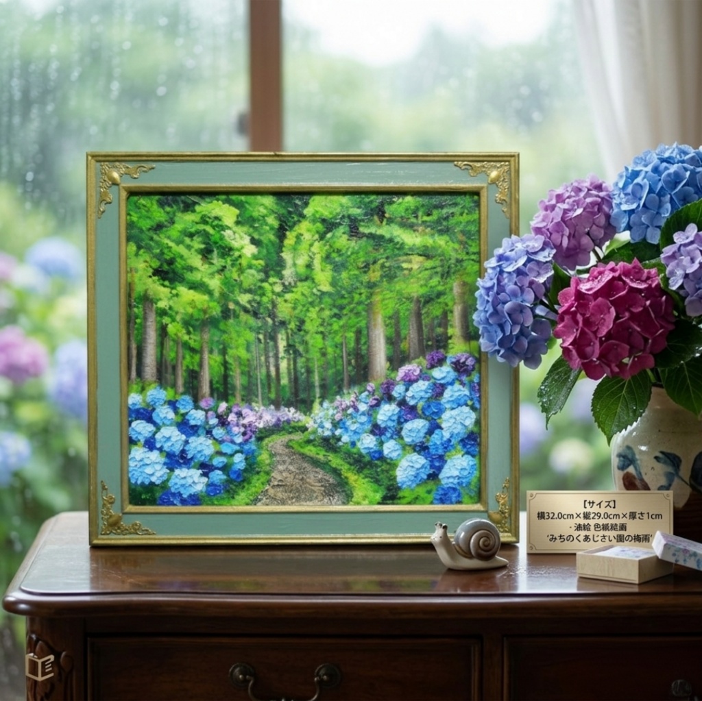 【油絵】森の奥に咲き誇る、万華鏡の紫陽花｜絵画 アジサイ 初夏 梅雨 インテリア 壁掛け 原画 [色紙サイズ]