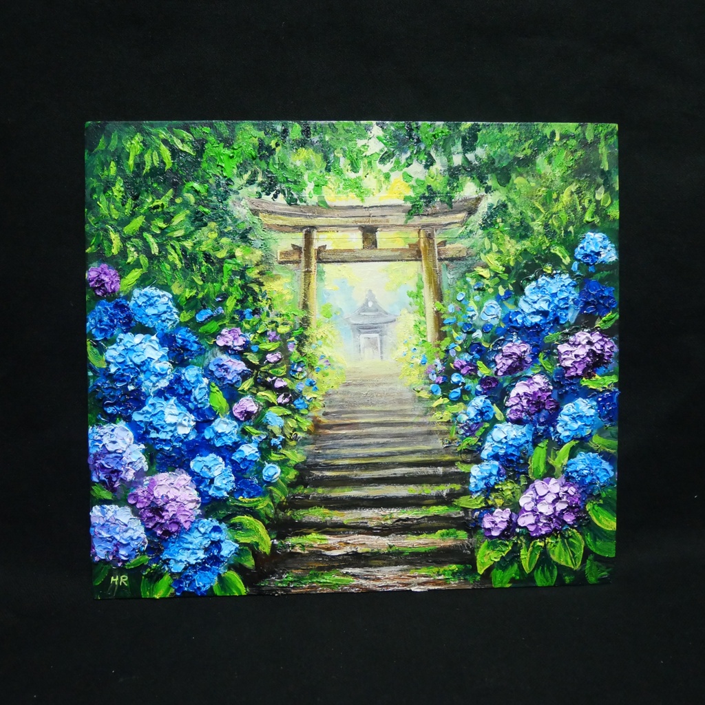 油絵「光へ続く、雨上がりの径」紫陽花と鳥居の風景画 / アジサイ絵画