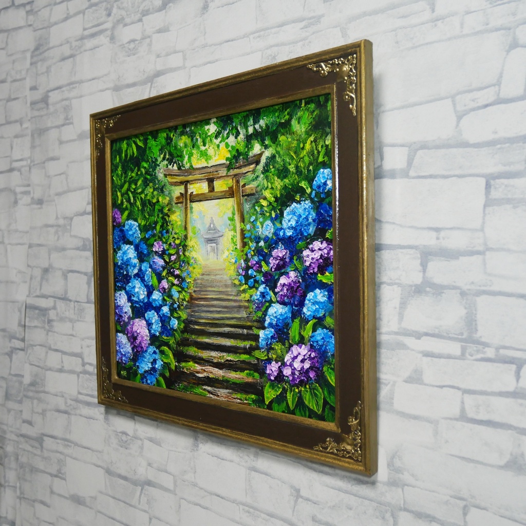油絵「光へ続く、雨上がりの径」紫陽花と鳥居の風景画 / アジサイ絵画