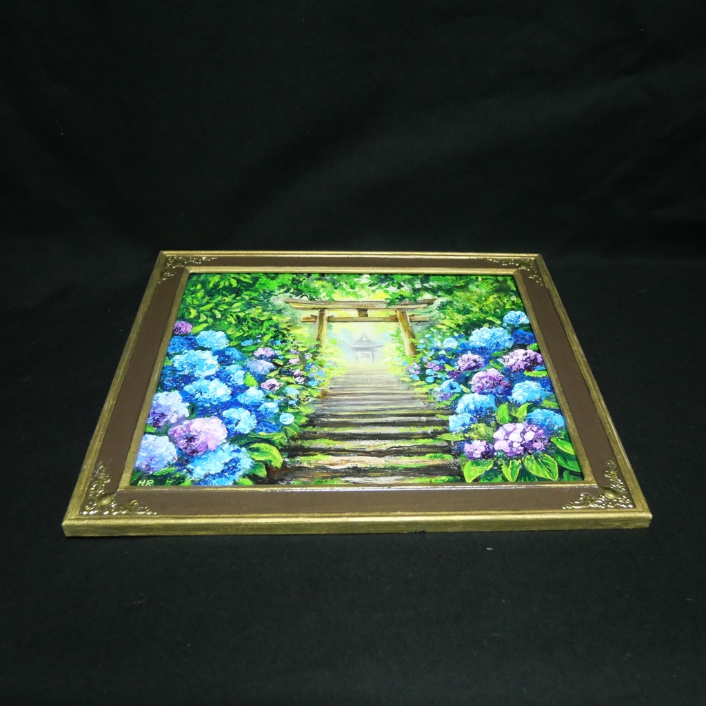 油絵「光へ続く、雨上がりの径」紫陽花と鳥居の風景画 / アジサイ絵画