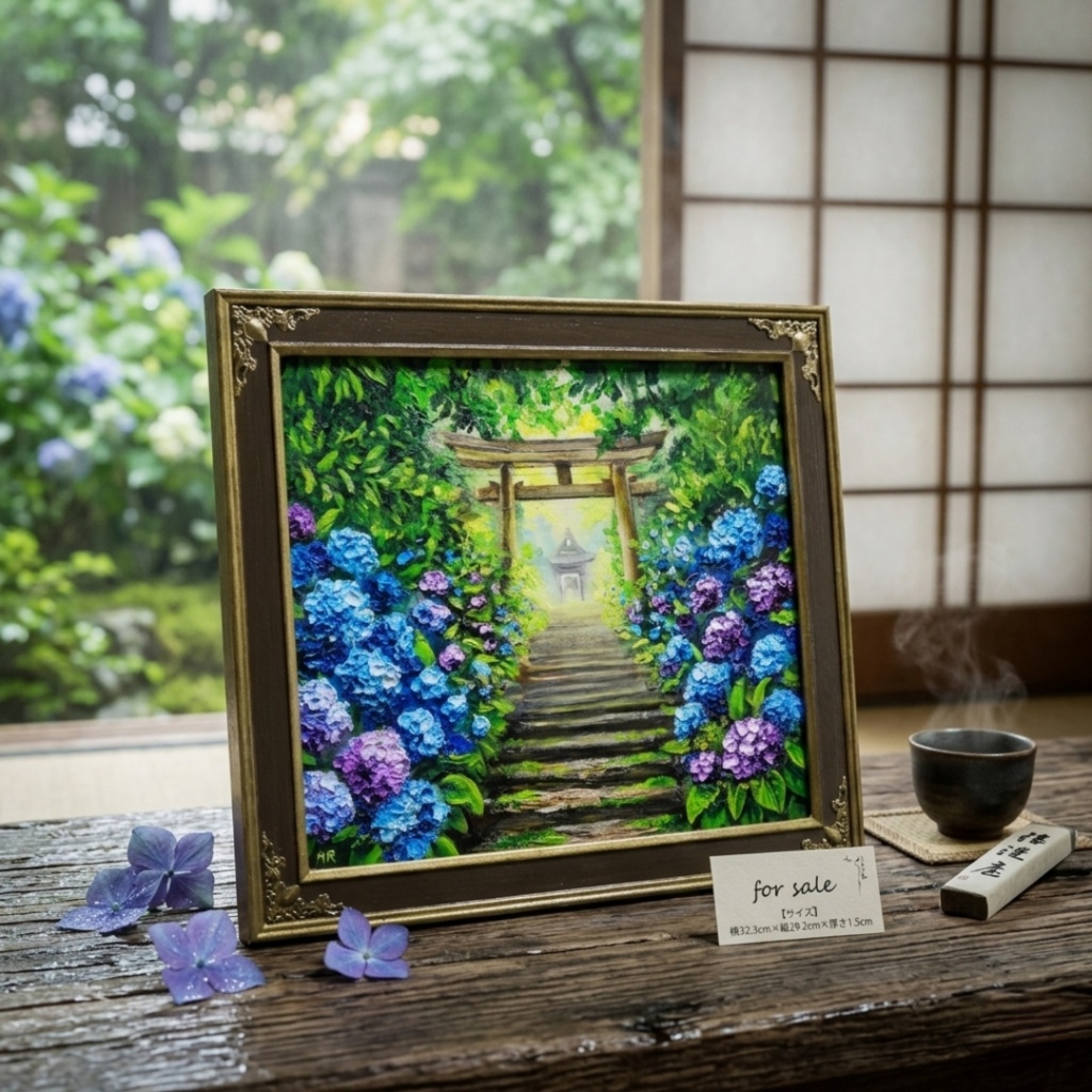 油絵「光へ続く、雨上がりの径」紫陽花と鳥居の風景画 / アジサイ絵画