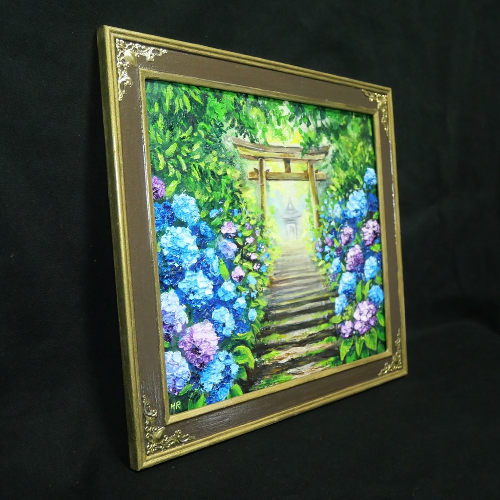 油絵「光へ続く、雨上がりの径」紫陽花と鳥居の風景画 / アジサイ絵画