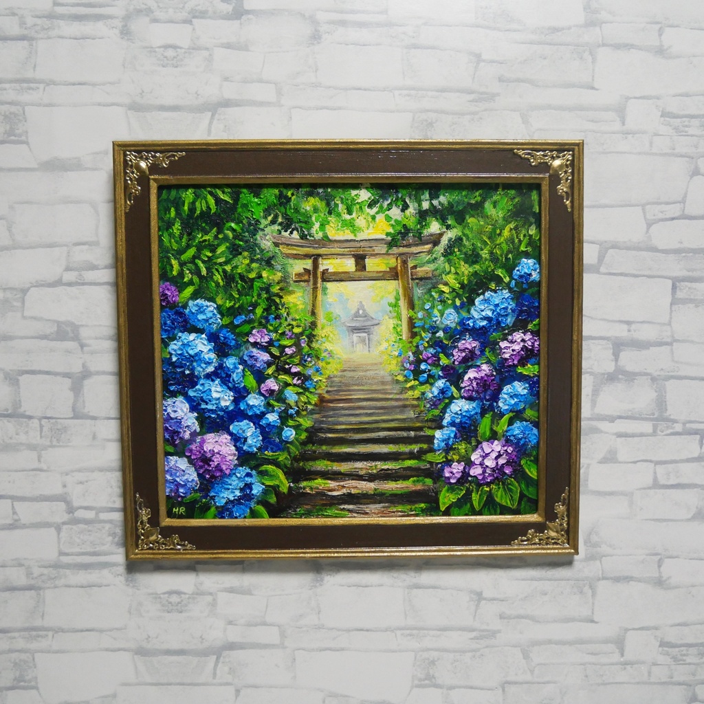 油絵「光へ続く、雨上がりの径」紫陽花と鳥居の風景画 / アジサイ絵画