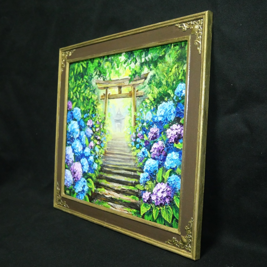 油絵「光へ続く、雨上がりの径」紫陽花と鳥居の風景画 / アジサイ絵画