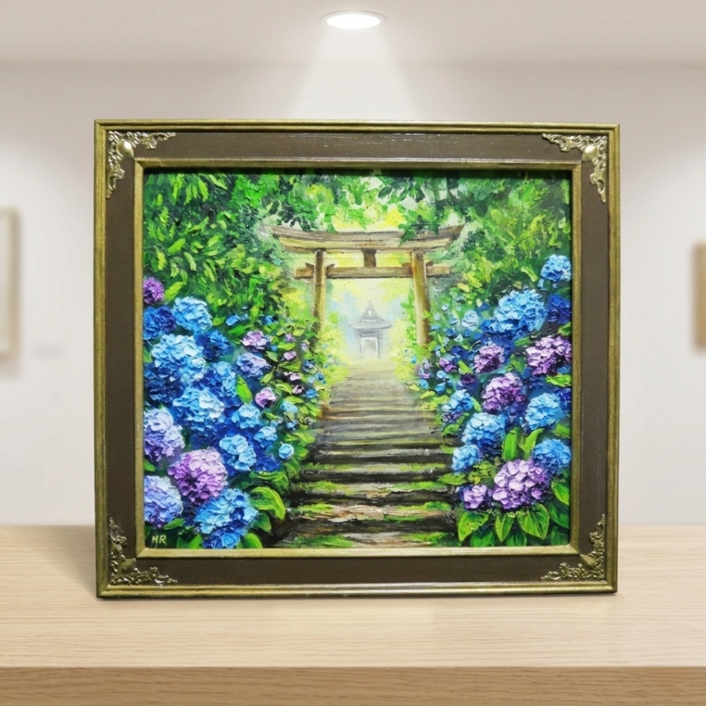 油絵「光へ続く、雨上がりの径」紫陽花と鳥居の風景画 / アジサイ絵画