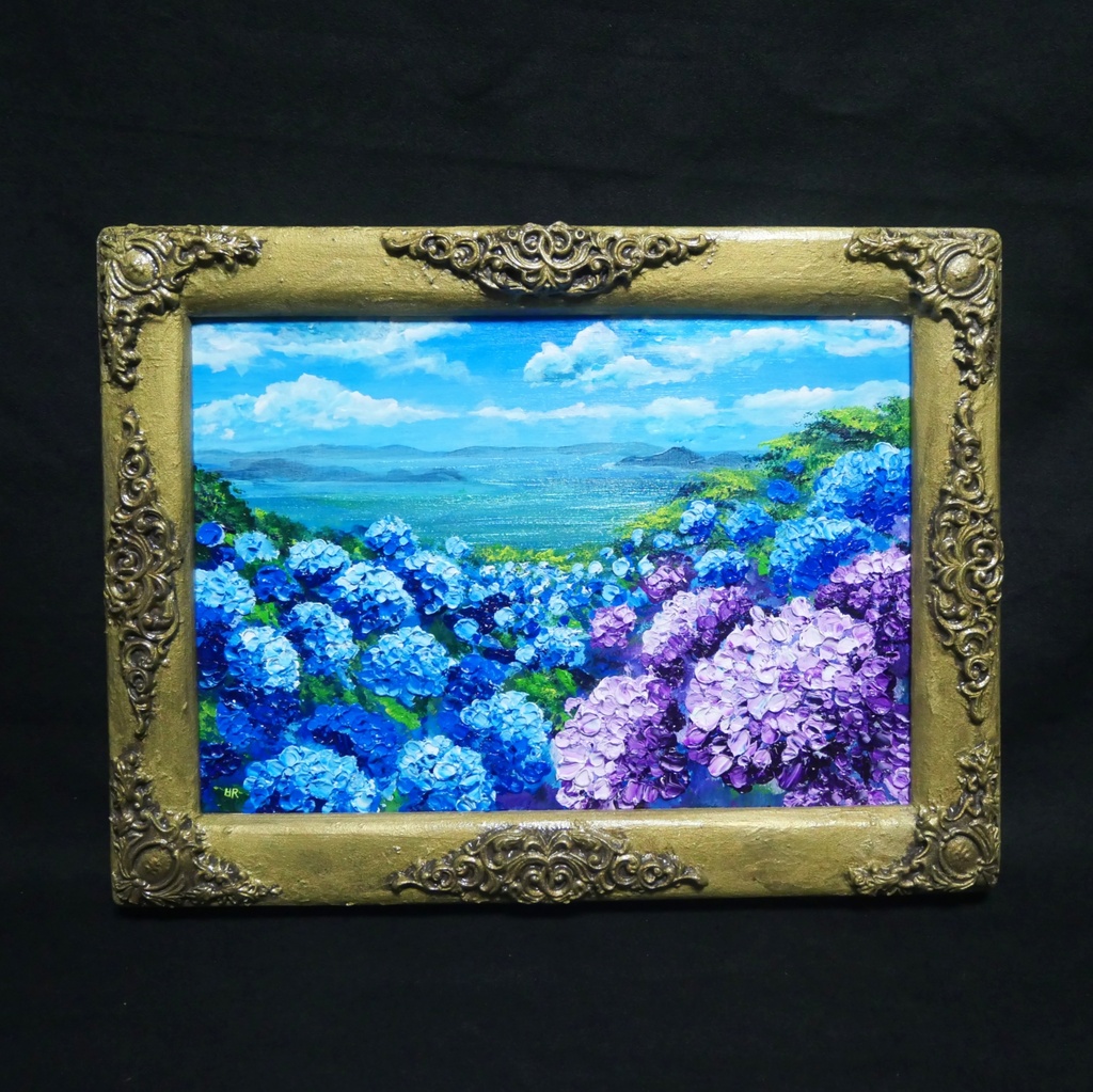 【油絵】紫陽花の向こう側 ・原画 油彩画 風景画 あじさい 初夏 額縁付き