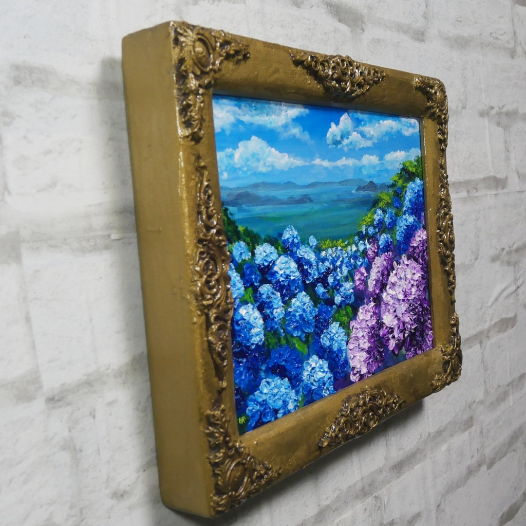 【油絵】紫陽花の向こう側 ・原画 油彩画 風景画 あじさい 初夏 額縁付き