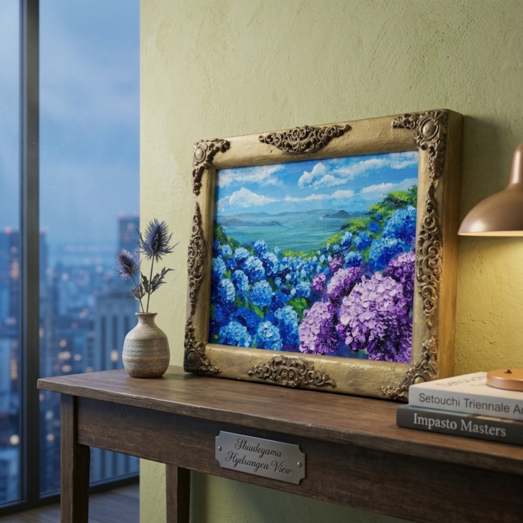 【油絵】紫陽花の向こう側 ・原画 油彩画 風景画 あじさい 初夏 額縁付き