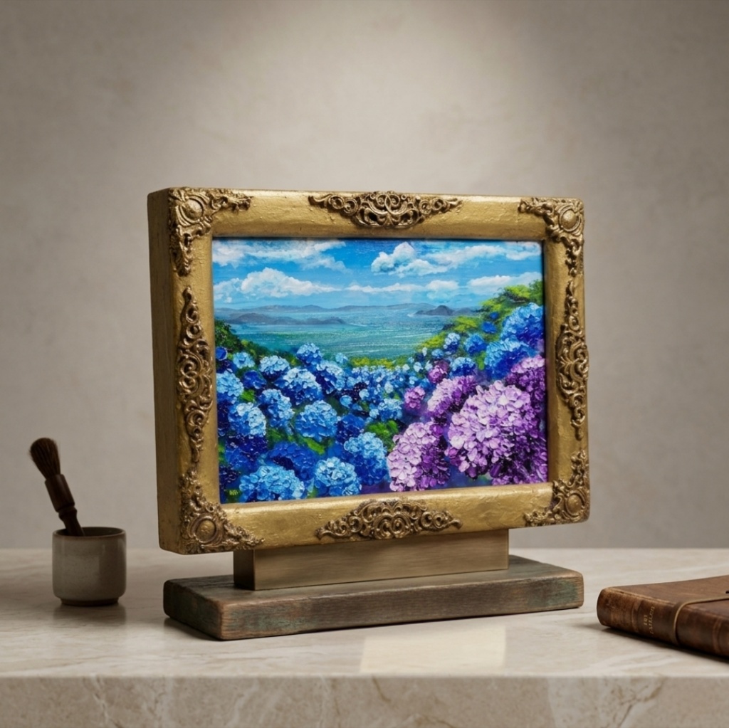 【油絵】紫陽花の向こう側 ・原画 油彩画 風景画 あじさい 初夏 額縁付き