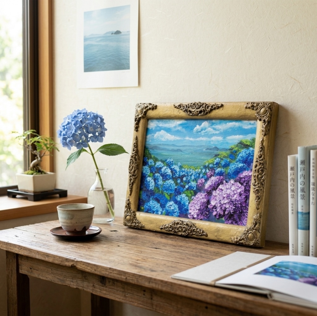 【油絵】紫陽花の向こう側 ・原画 油彩画 風景画 あじさい 初夏 額縁付き