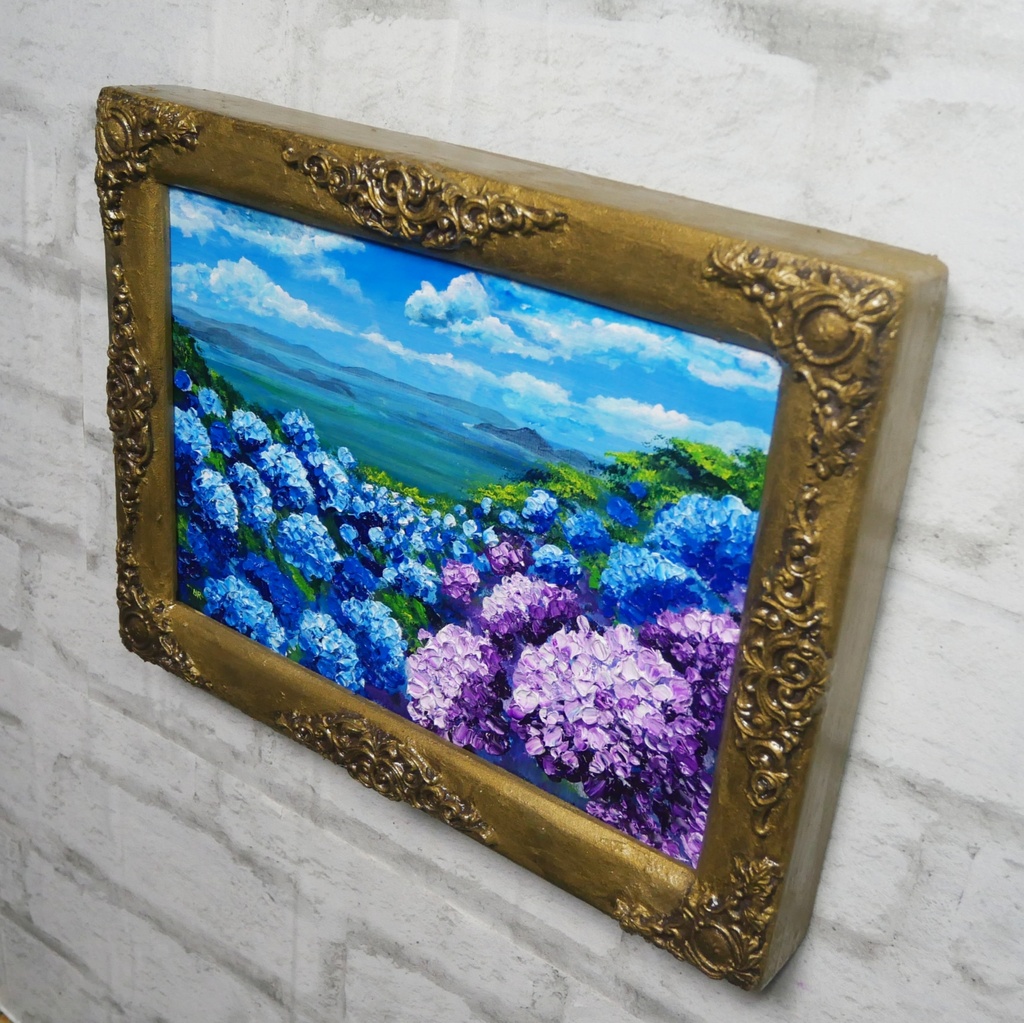 【油絵】紫陽花の向こう側 ・原画 油彩画 風景画 あじさい 初夏 額縁付き