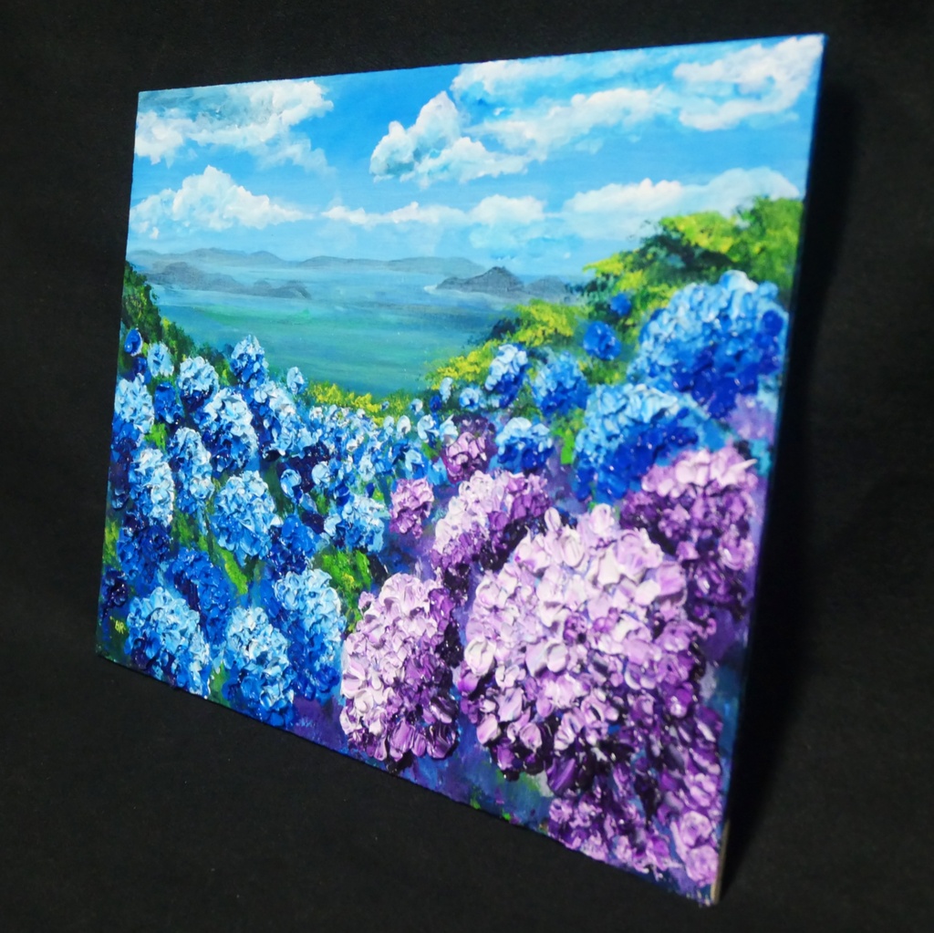 【油絵】紫陽花の向こう側 ・原画 油彩画 風景画 あじさい 初夏 額縁付き