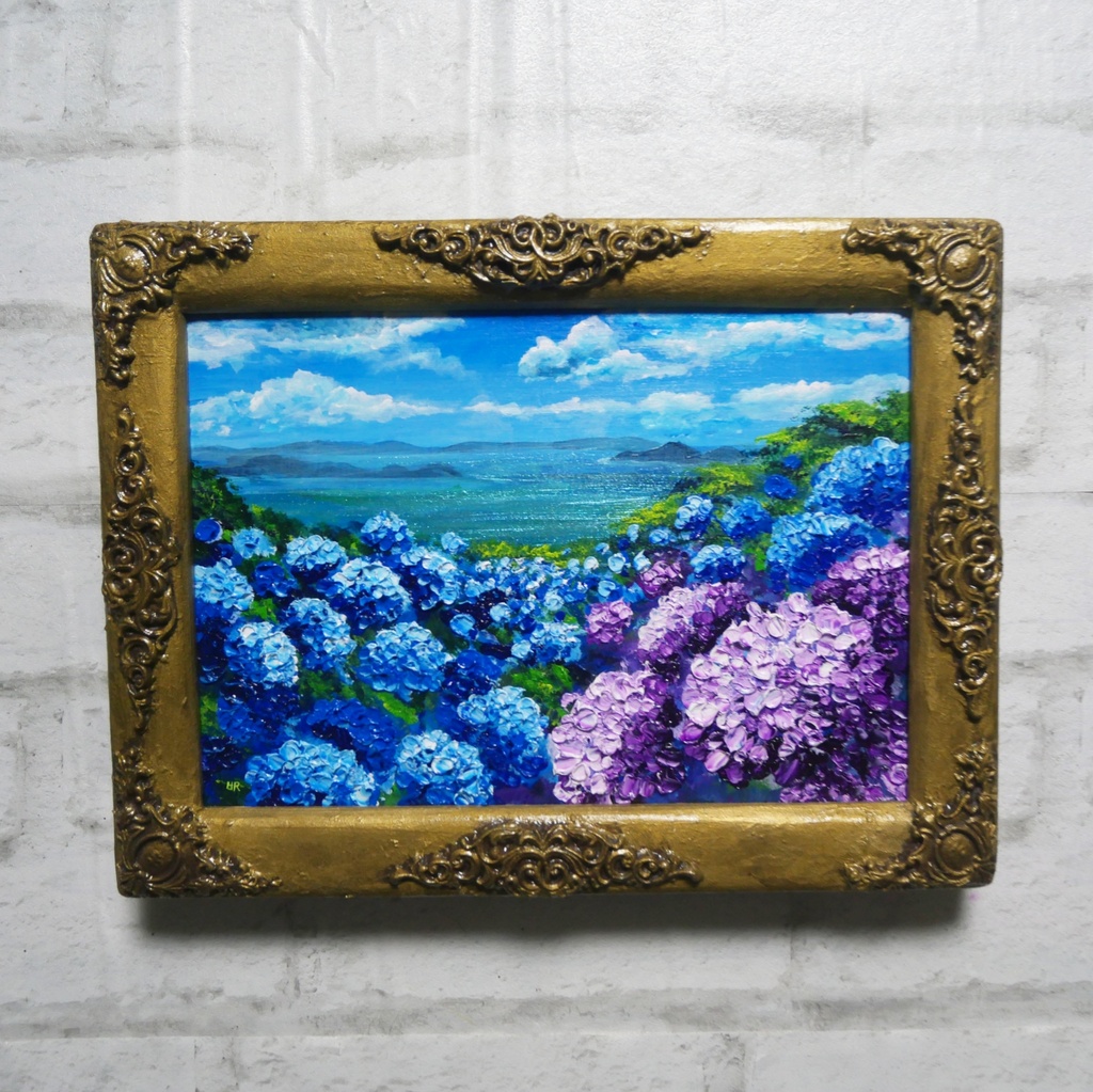 【油絵】紫陽花の向こう側 ・原画 油彩画 風景画 あじさい 初夏 額縁付き