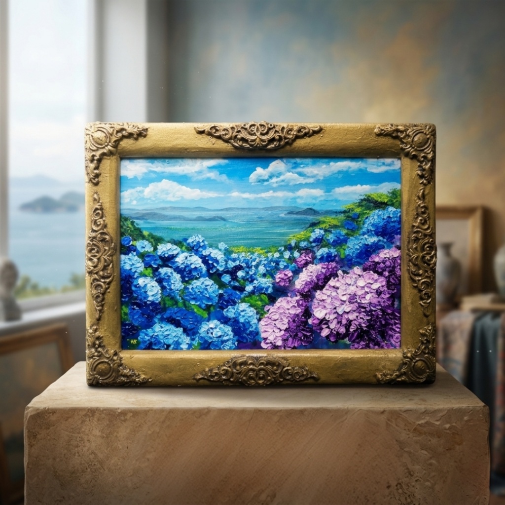 【油絵】紫陽花の向こう側 ・原画 油彩画 風景画 あじさい 初夏 額縁付き