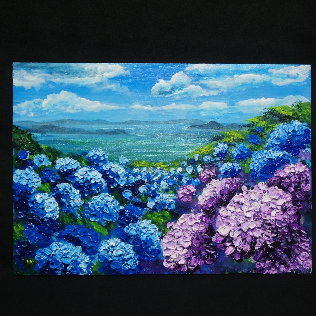 【油絵】紫陽花の向こう側 ・原画 油彩画 風景画 あじさい 初夏 額縁付き